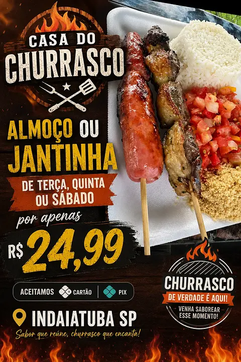 Almoço arroz farofa vinagrete + 2 espetinhos